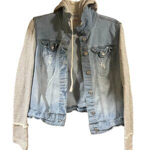 Womens Distressed Jean Jacket with Hood, Size XL